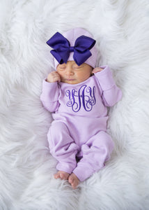 Newborn Girl Monogrammed Romper and Hat Outfit
