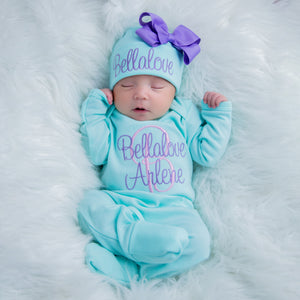 Newborn Girl Personalized Aqua and Purple Hat & Romper Outfit
