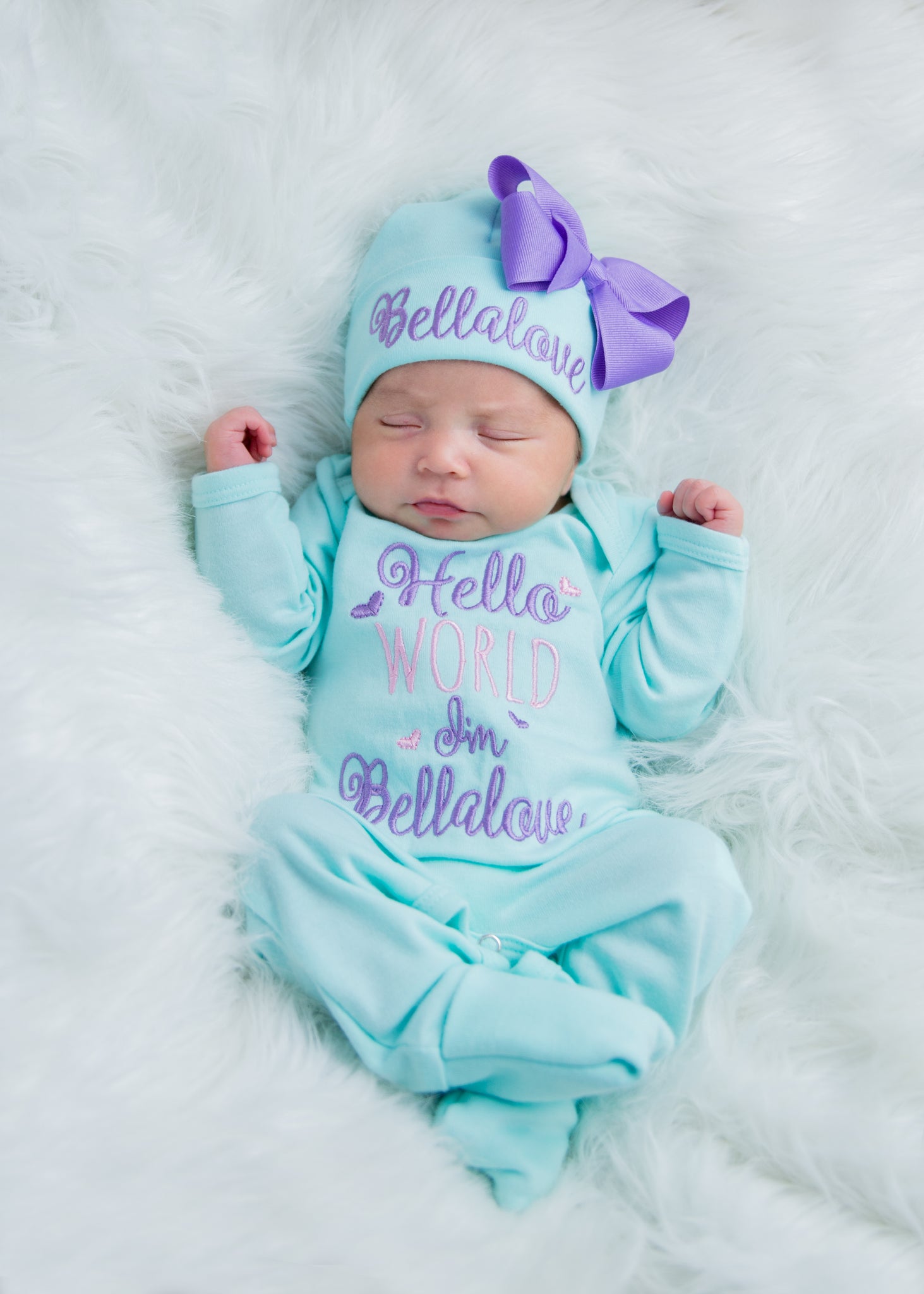 Hello World Newborn Girl Personalized Coming Home Hat & Romper Outfit Hello World Newborn Girl Personalized Coming Home Hat & Romper Outfit