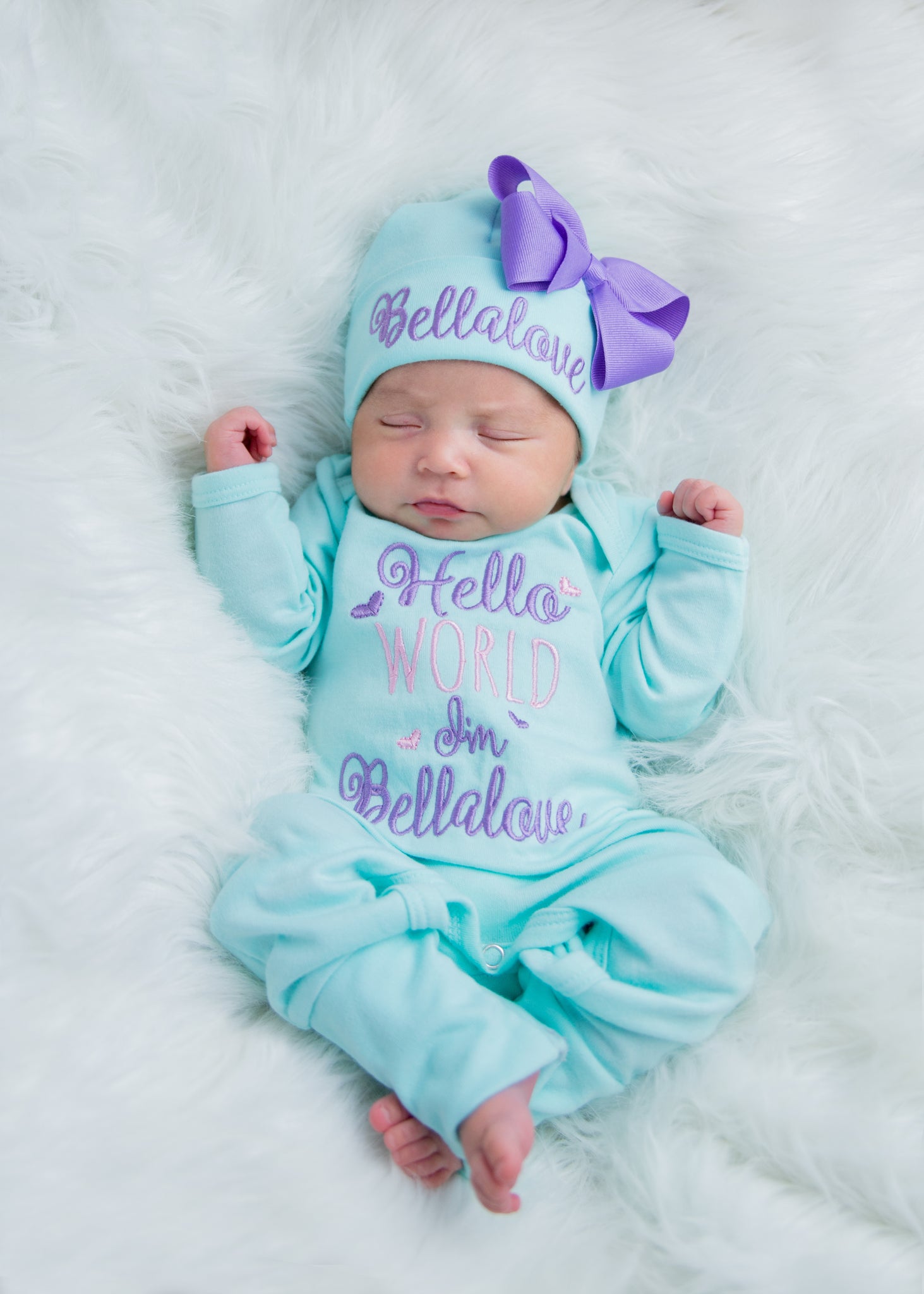 Hello World Newborn Girl Personalized Coming Home Hat & Romper Outfit Hello World Newborn Girl Personalized Coming Home Hat & Romper Outfit