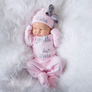 "Hello World" Newborn Girl Personalized Pink and Gray Hat & Romper Outfit