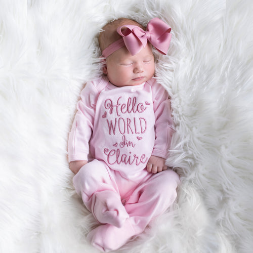 0-3M PINK CONVERTIBLE FOOTED ROMPER OVER- STOCK SALE! Hello World