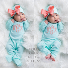 Baby Girl Monogrammed Mint & Coral Hat & Sleeper Outfit