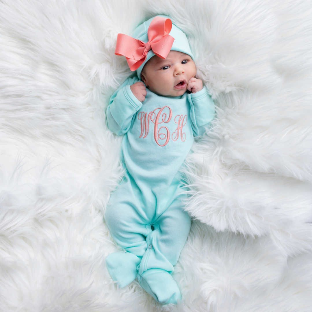 Baby Girl Monogrammed Mint Coral Hat Sleeper Outfit Junie Grace