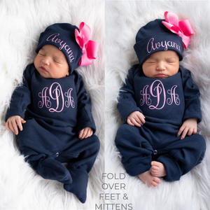 Baby Girl Monogrammed Navy and Pink Hat & Sleeper Outfit