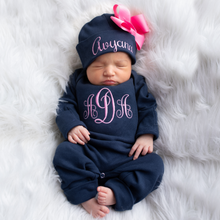 Baby Girl Monogrammed Navy and Pink Hat & Sleeper Outfit