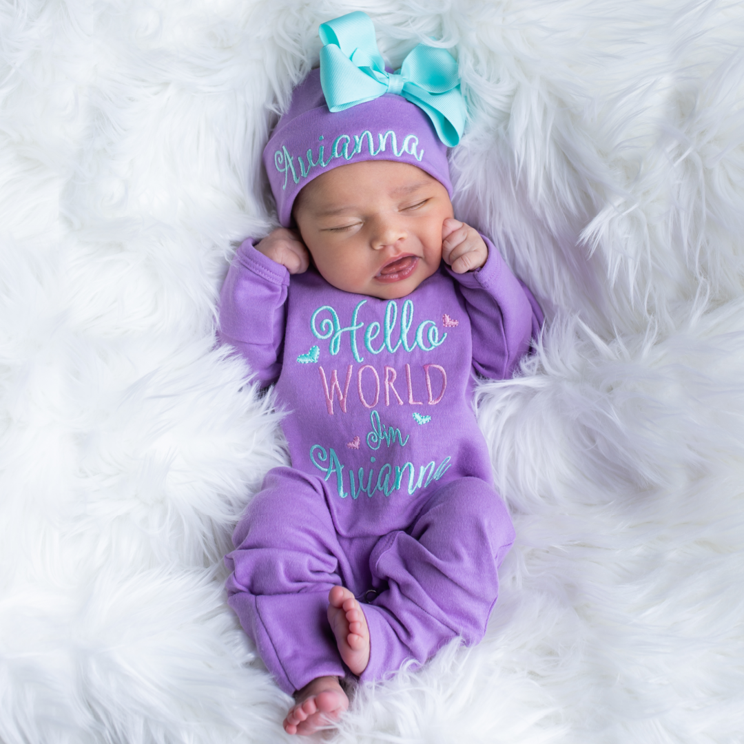 Hello World Baby Girl Coming Home Outfit Purple Junie Grace