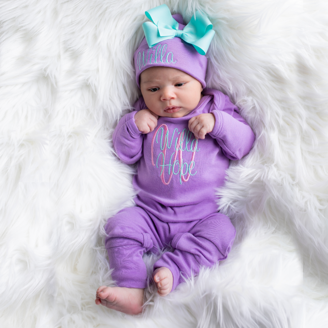 Baby Girl Personalized Sleeper And Hat Purple Junie Grace