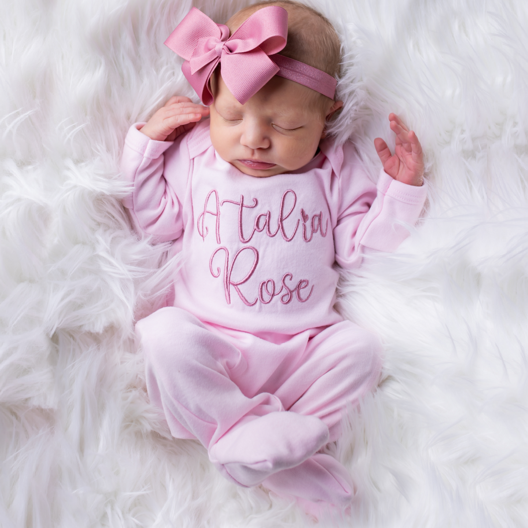 Baby Girl Personalized Outfit Pink With Mauve Bow Headband