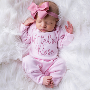 Baby Girl Personalized Outfit Pink With Mauve Bow Headband