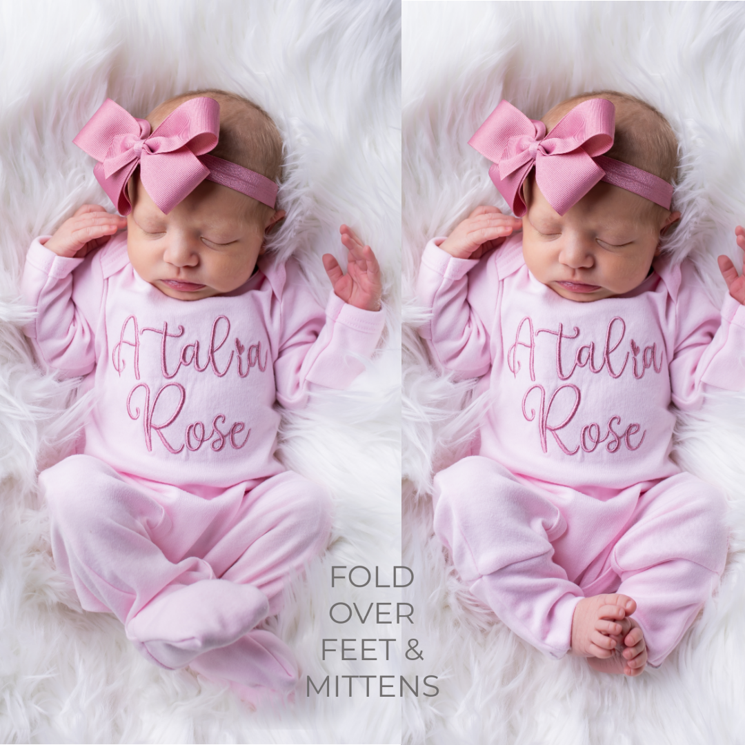 Baby Girl Personalized Outfit Pink With Mauve Bow Headband Junie
