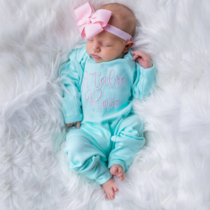 Baby Girl Personalized Outfit - Aqua Mint With Pink Headband