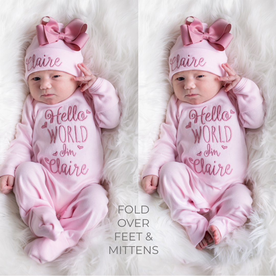 Personalized Baby Girl Hello World Outfit pink and mauve Junie Grace