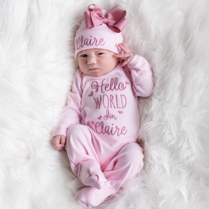 Personalized Baby Girl Hello World Outfit  - pink and mauve
