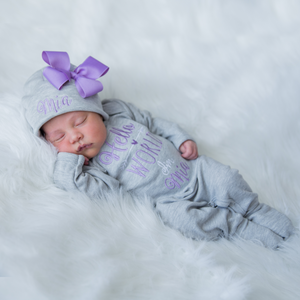 Personalized Baby Girl Hello World Outfit- Lilac Thread & Bow
