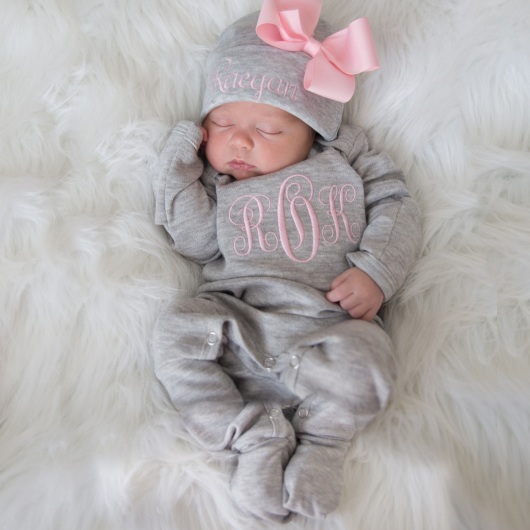 Monogrammed Baby Girl Romper and Hat- Gray and Pink