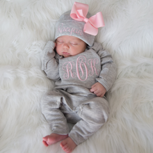 Monogrammed Baby Girl Romper and Hat- Gray and Pink