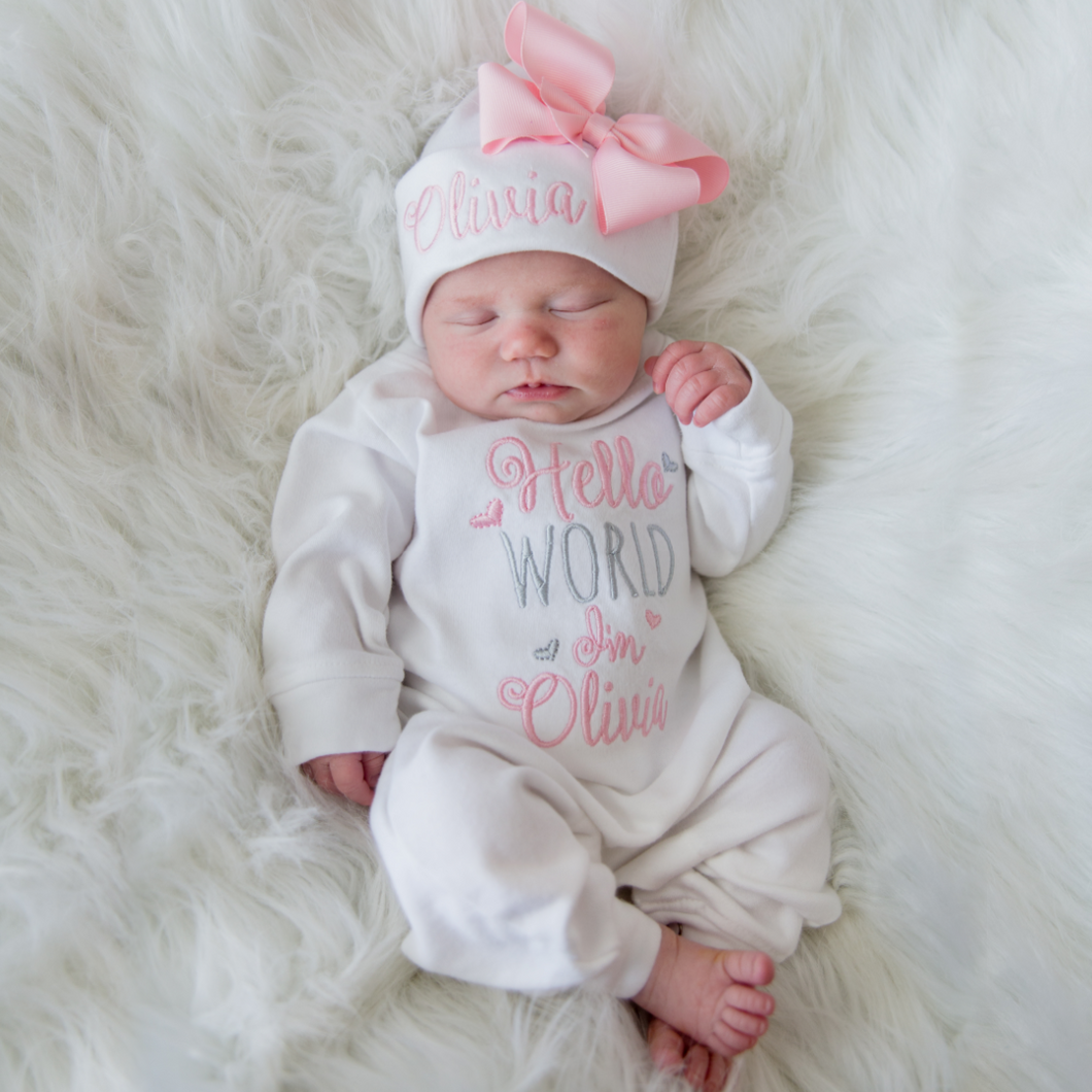 Hello World Personalized Baby Girl Outfit White Junie Grace