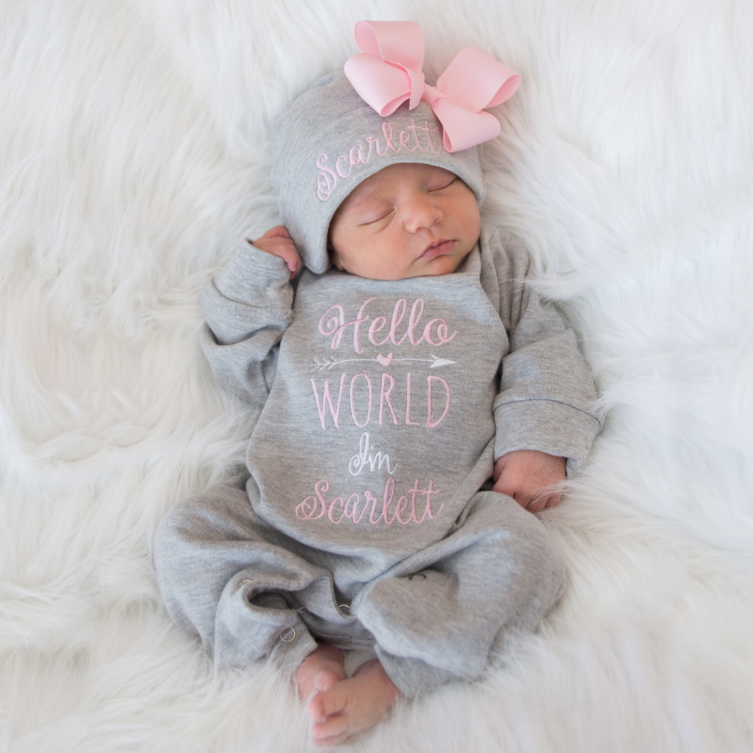 Personalized Baby Girl Hello World Outfit - Gray
