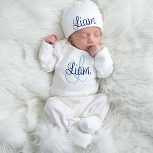 Personalized Baby Boy Outfit - Light Blue and Navy Thread