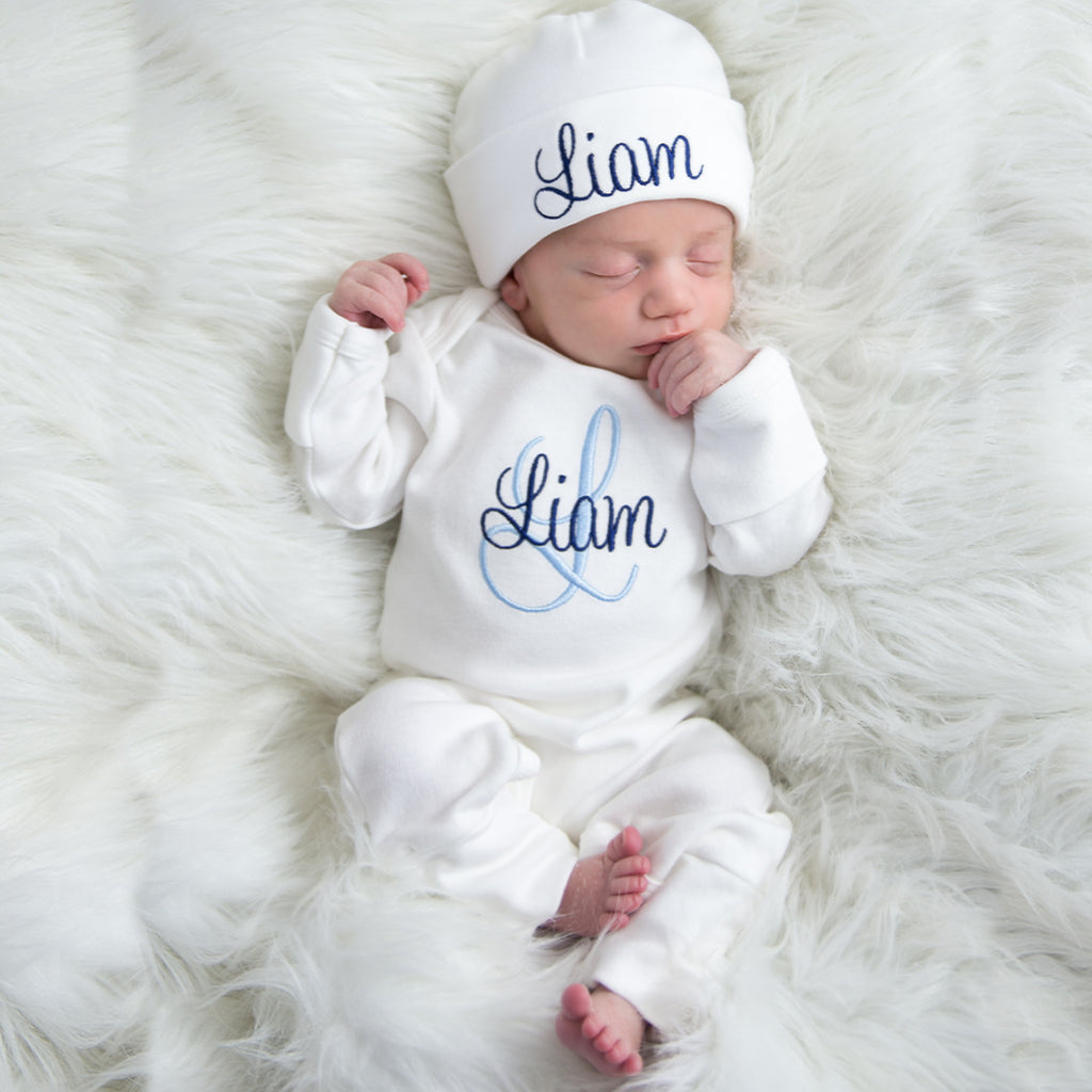 Personalized Baby Boy Outfit - Light Blue and Navy Thread – Junie Grace