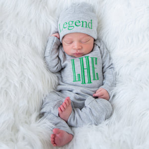 Newborn Baby Boy Personalized Coming Home Outfit  - Gray and Kelly Green