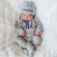 Custom Baby Boy Outfit with Hat - Gray and Navy