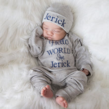 Personalized Baby Boy Hello World Outfit - Gray