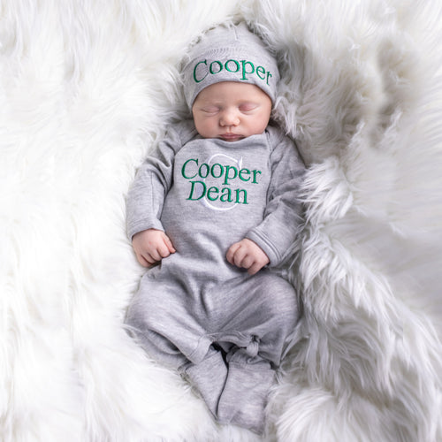 Custom Baby Boy Coming Outfit - Gray and Hunter Green