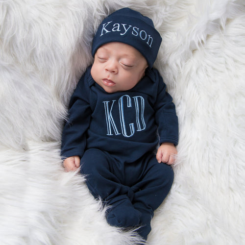 Embroidered Baby Boy Outfit- Navy and Light Blue