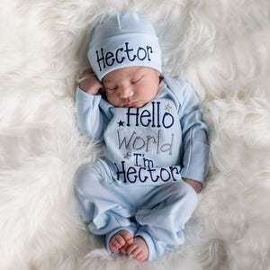 Personalized Baby Boy Outfit- Light Blue Hello World
