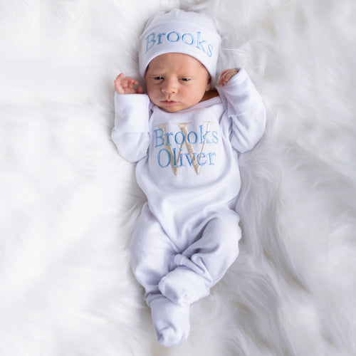 Custom Baby Boy Outfit  -White W/Beige and Light Blue