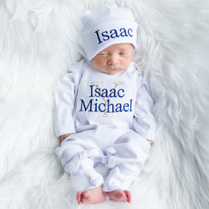 Newborn Boy Personalized Beige and Navy Hat & Romper Outfit