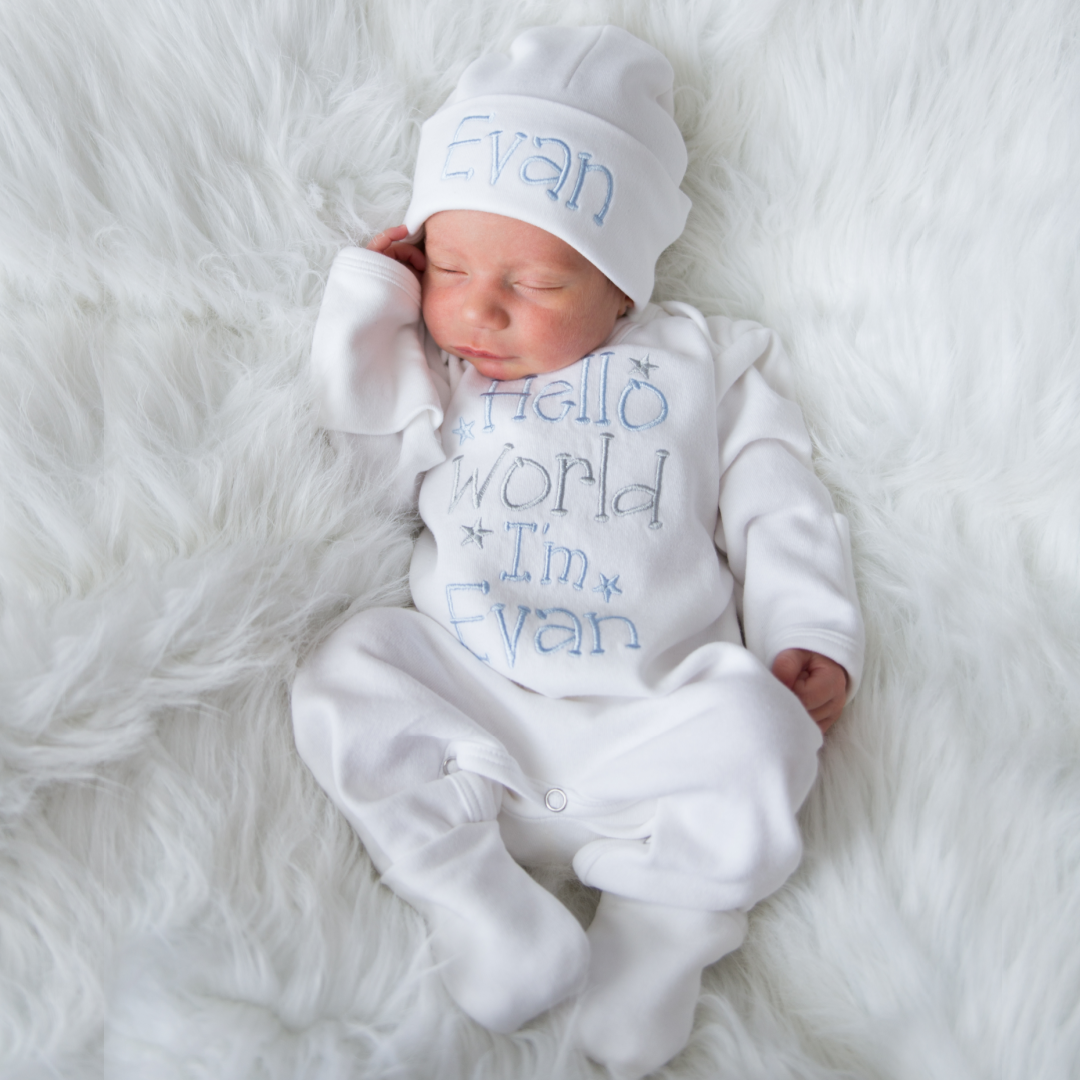 Personalized Baby Boy Romper Set with Matching Hat Junie Grace