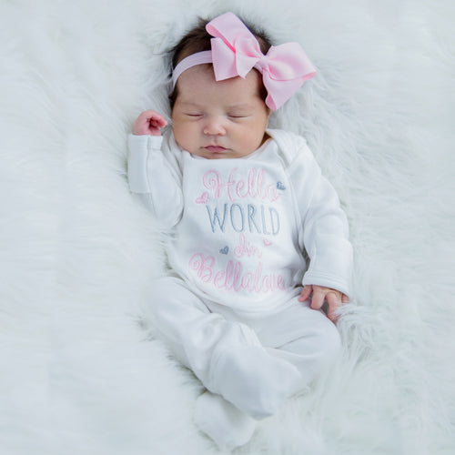 Hello World Personalized Baby Girl Outfit w/ Headband