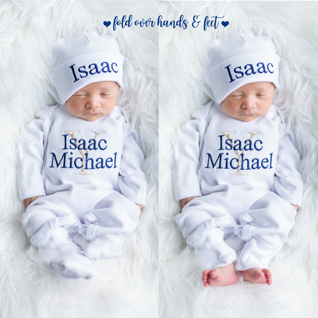Newborn Boy Personalized Beige and Navy Hat Romper Outfit