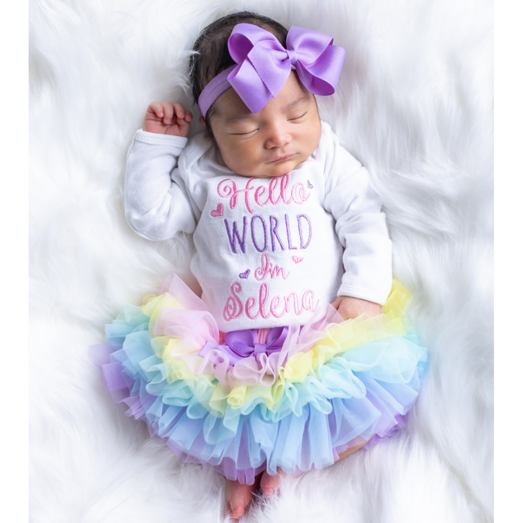 Personalized Baby Girl Rainbow Hello World  Tutu Set