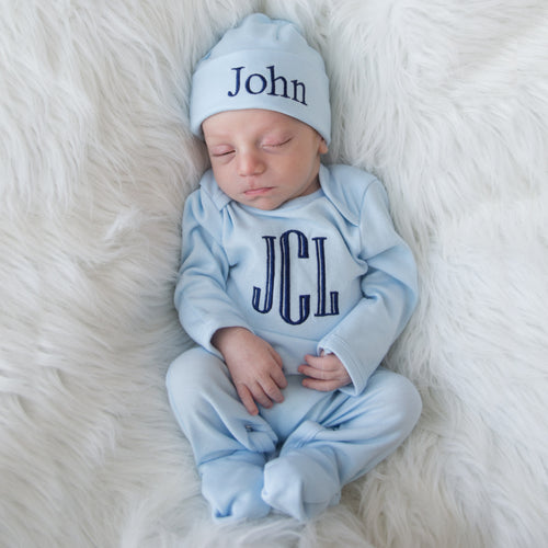 Personalized Newborn Boy Outfit - Light Blue and Navy