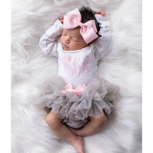Monogrammed  Pink and Gray Baby Girl Tutu and Personalized Bodysuit