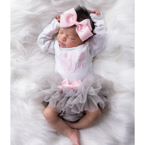 Monogrammed  Pink and Gray Baby Girl Tutu and Personalized Bodysuit