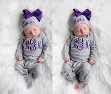 Monogrammed Baby Girl Gray and Purple Romper and Hat Set