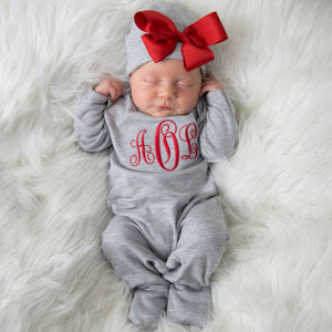 Monogrammed Baby Girl Outfit- Gray and Red