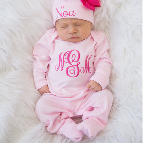 Baby Girl Monogrammed Pink  Romper and Hat Set