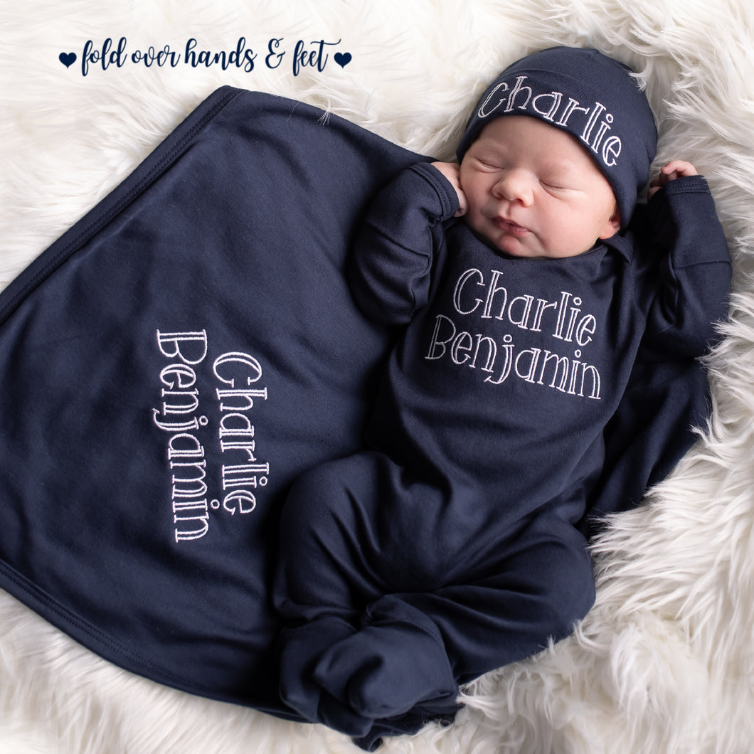 3 Piece Baby Boy Gift Set with Blanket - Navy