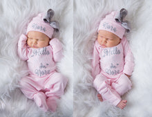 Hello World Personalized Baby Girl Outfit - Pink and Gray