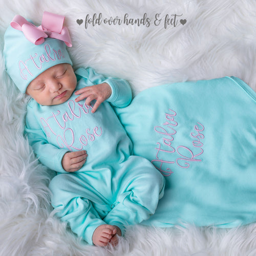 3 Piece Baby Girl Gift Set with Blanket - Aqua and Pink