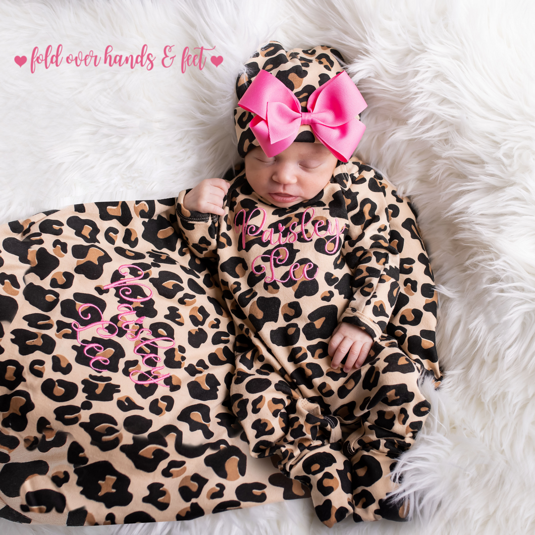 3 Piece Baby Girl Gift Set with Blanket Leopard Print Junie Grace