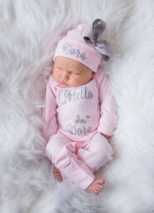 "Hello World" Newborn Girl Personalized Pink and Gray Hat & Romper Outfit