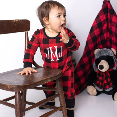 Boy's Red and Black Buffalo Plaid Personalized Christmas Pajamas