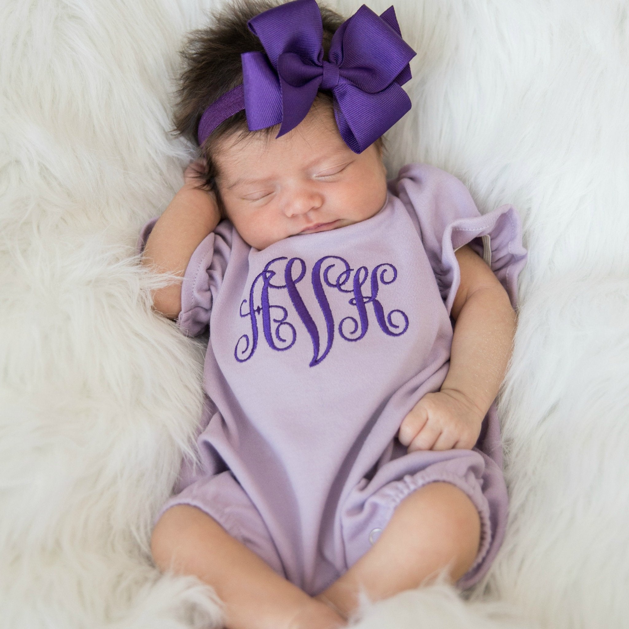 Monogrammed Baby Girl Bubble Romper with Bow Headband Monogrammed Baby Girl Bubble Romper with Bow Headband